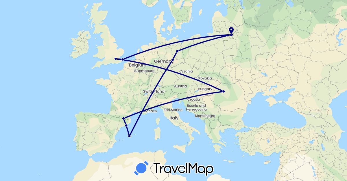 TravelMap itinerary: driving in Andorra, Germany, Spain, United Kingdom, Lithuania, Romania (Europe)